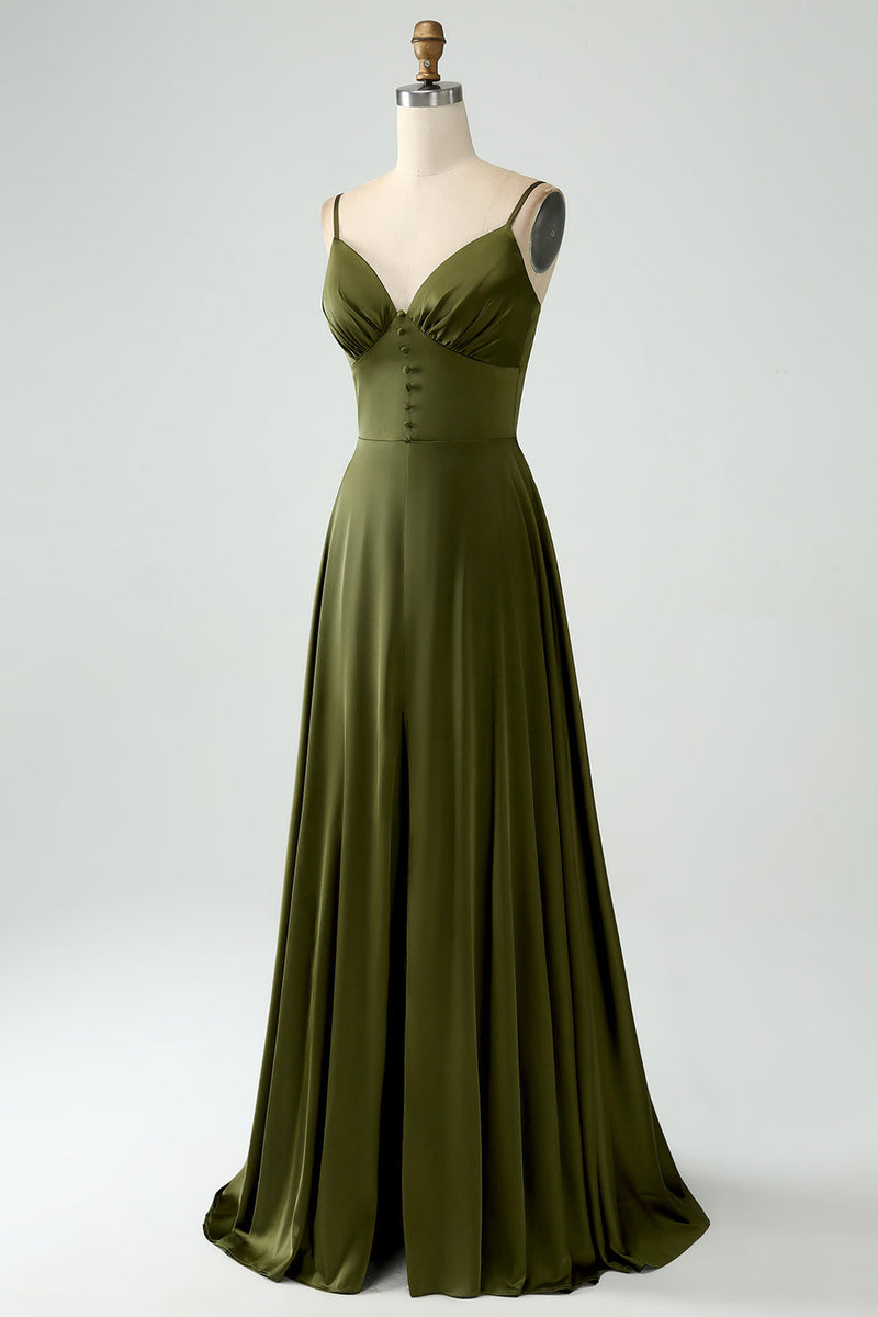 Load image into Gallery viewer, Olive A-Line Spaghetti Straps Satin Long Bridesamid Dress