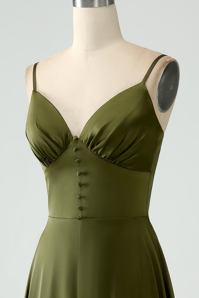 Load image into Gallery viewer, Olive A-Line Spaghetti Straps Satin Long Bridesamid Dress