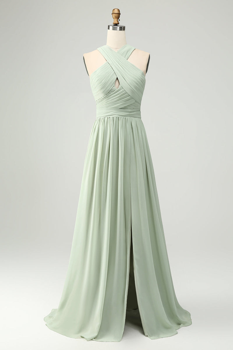 Load image into Gallery viewer, A Line Halter Chiffon Sage Green Pleated Long Bridesmaid Dress with Slit