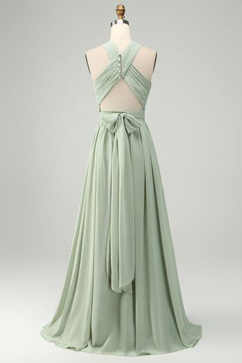 A Line Halter Chiffon Sage Green Pleated Long Bridesmaid Dress with Slit