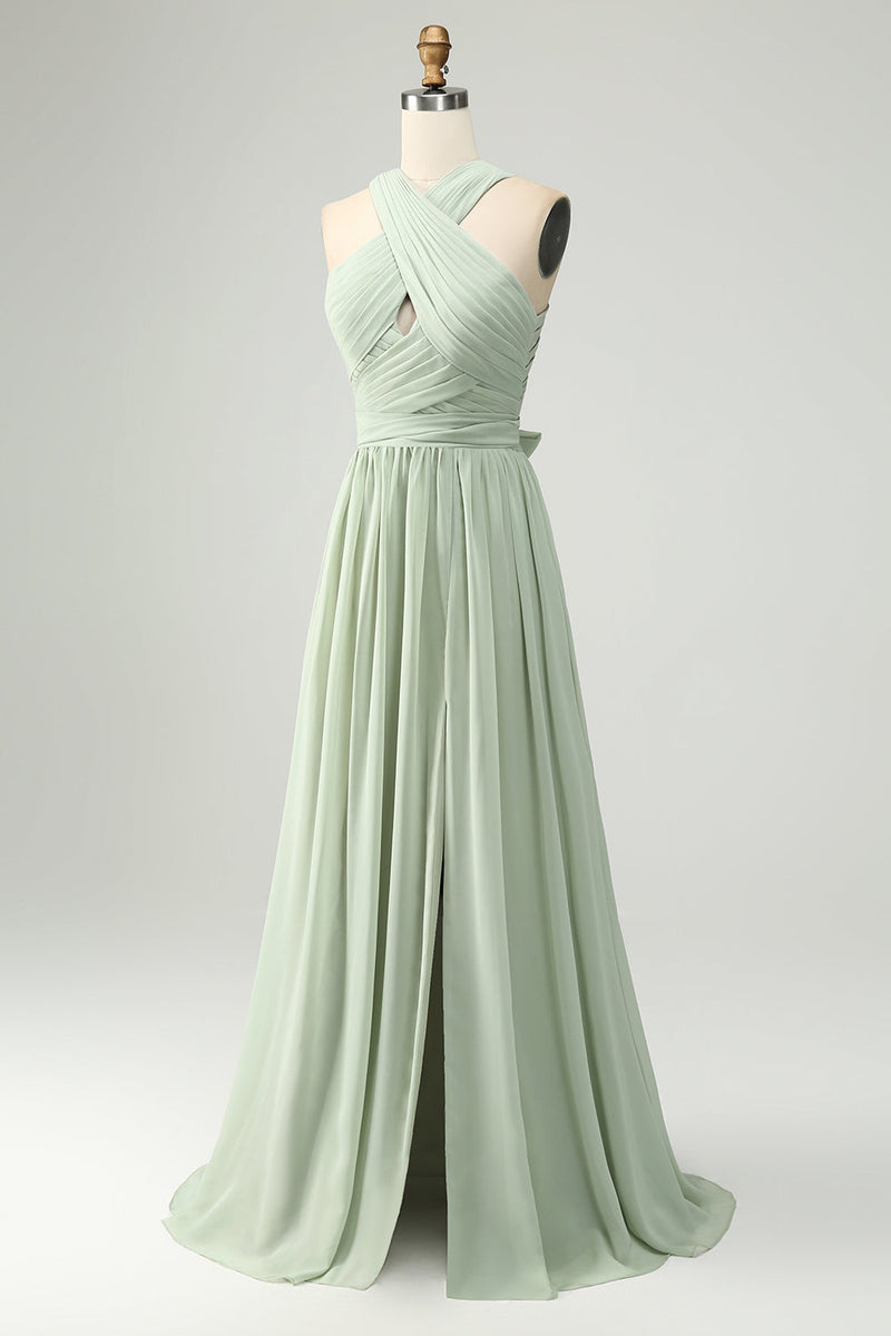 Load image into Gallery viewer, A Line Halter Chiffon Sage Green Pleated Long Bridesmaid Dress with Slit