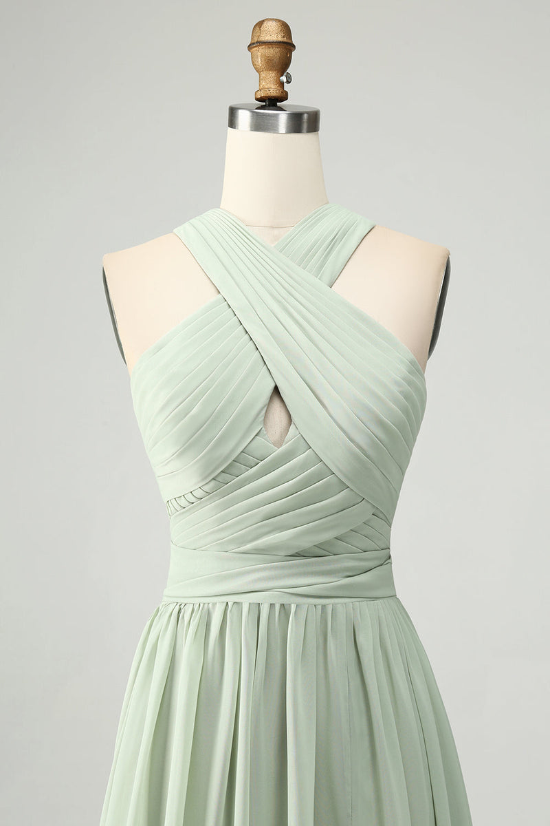 Load image into Gallery viewer, A Line Halter Chiffon Sage Green Pleated Long Bridesmaid Dress with Slit