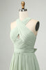 Load image into Gallery viewer, A Line Halter Chiffon Sage Green Pleated Long Bridesmaid Dress with Slit