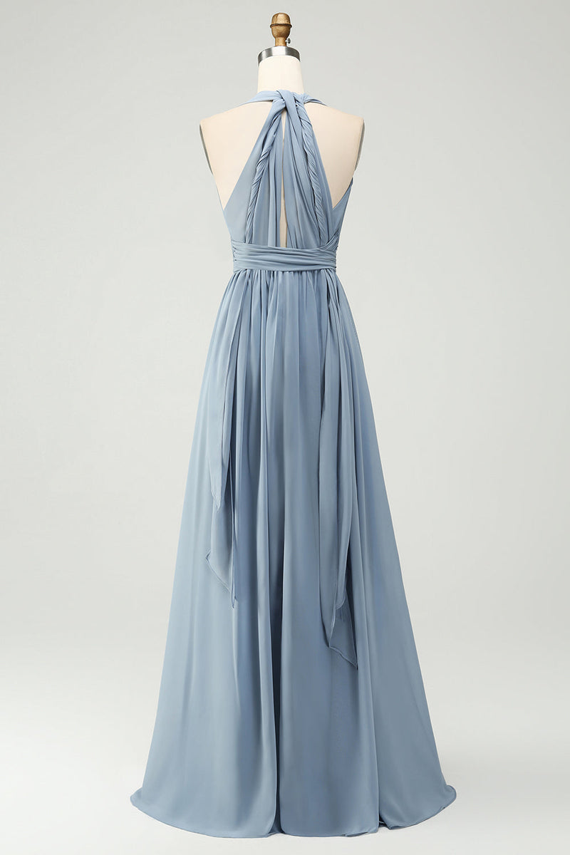 Load image into Gallery viewer, Convertible Chiffon A Line Dusty Blue Long Bridesmaid Dress