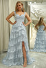 Load image into Gallery viewer, Silver A-line Off the Shoulder Corset Prom Dress with Split