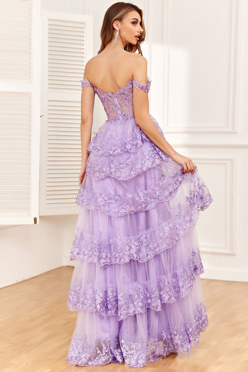 Load image into Gallery viewer, A-line  Off the Shoulder Black Pink Corset Prom Dress with Split