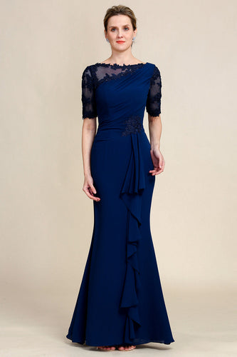 Navy Sheath Mother of Bride Dress with Appliques