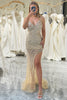 Load image into Gallery viewer, Sheath V Neck Golden Sequins Long Prom Dress with Open Back