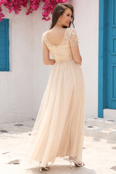 Sequins A Line Tulle Apricot Prom Dress with Lace