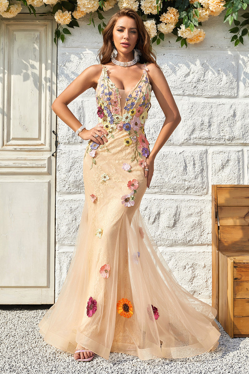 Load image into Gallery viewer, Champagne Lace Mermaid Prom Dress with Appliques