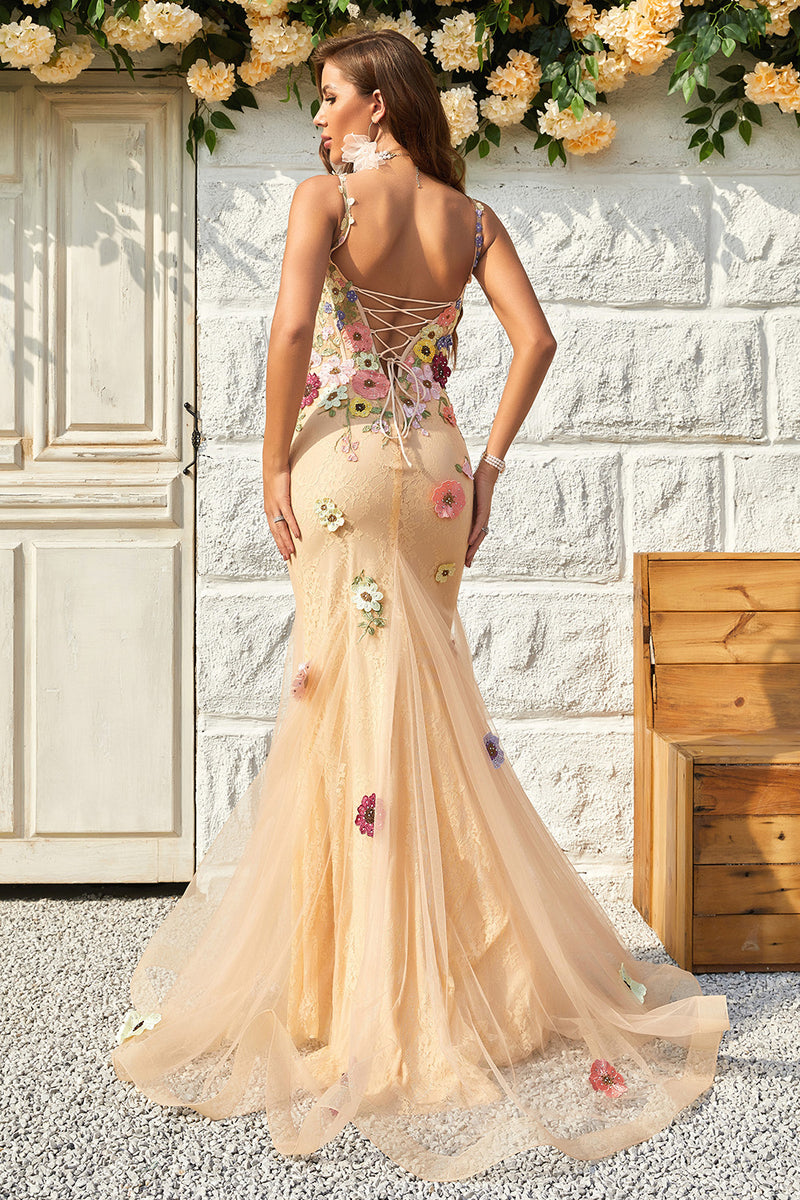 Load image into Gallery viewer, Champagne Lace Mermaid Prom Dress with Appliques