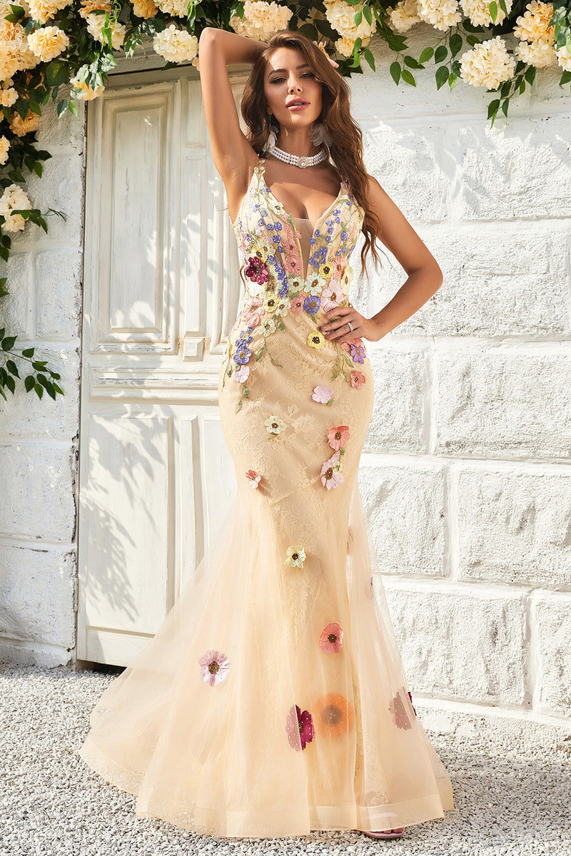 Load image into Gallery viewer, Champagne Lace Mermaid Prom Dress with Appliques