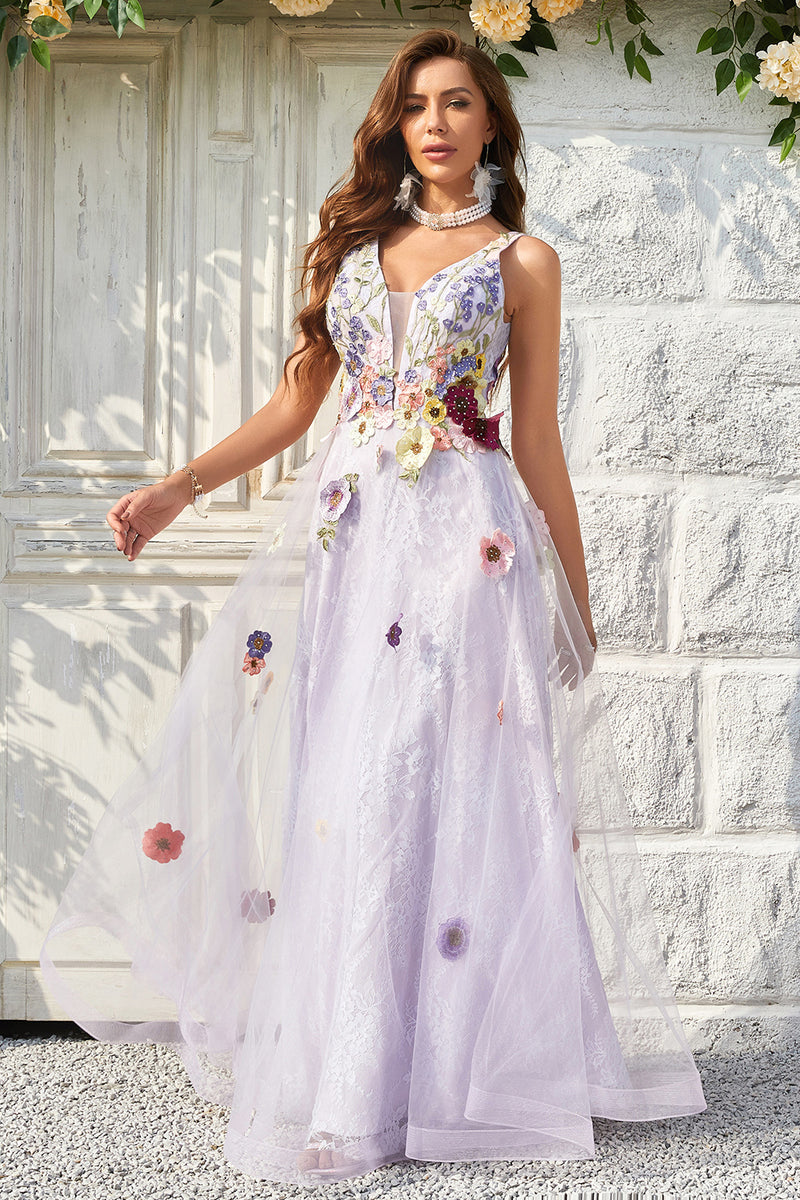 Load image into Gallery viewer, Lavender A Line Princess Prom Dress with Appliques