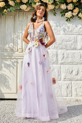 Lavender A Line Princess Prom Dress with Appliques