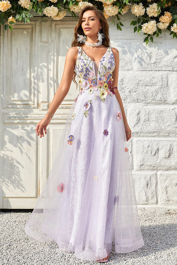 Lavender A Line Princess Prom Dress with Appliques