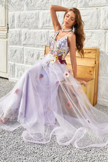 Lavender A Line Princess Prom Dress with Appliques