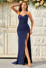 Load image into Gallery viewer, Spaghetti Straps Mermaid Navy Prom Dress with Criss Cross Back