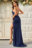 Load image into Gallery viewer, Spaghetti Straps Mermaid Navy Prom Dress with Criss Cross Back