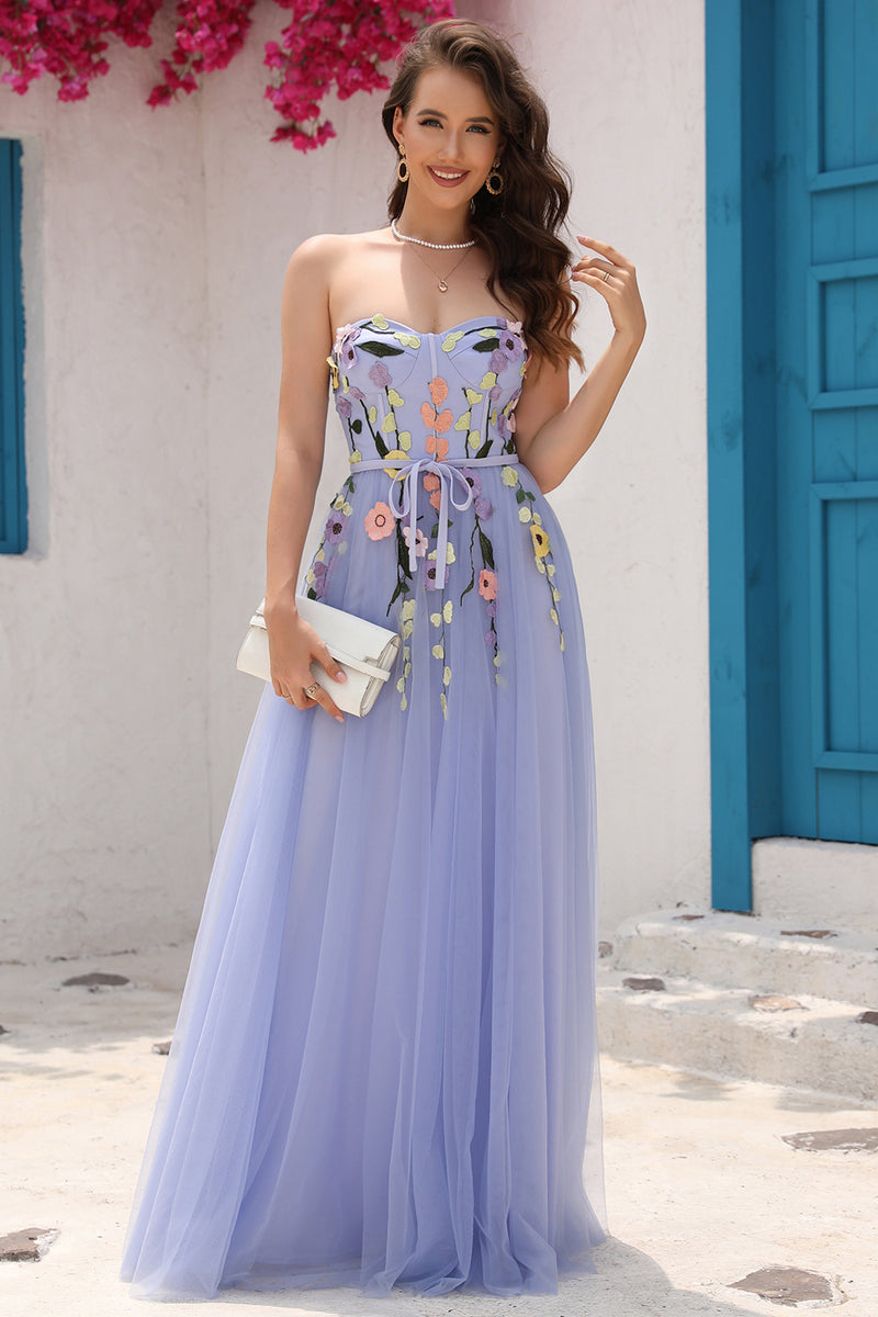 Load image into Gallery viewer, A Line Strapless Lavender Princess Prom Dress with Appliques