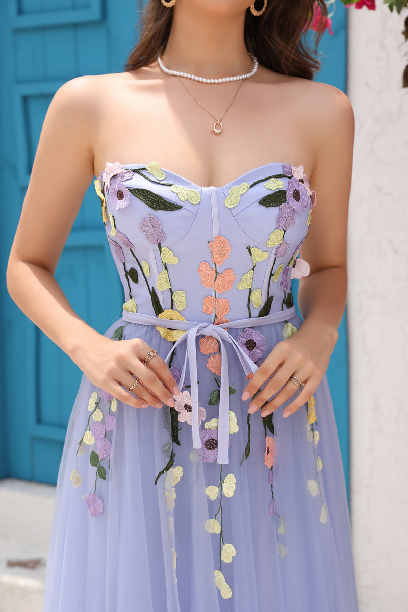 Load image into Gallery viewer, A Line Strapless Lavender Princess Prom Dress with Appliques