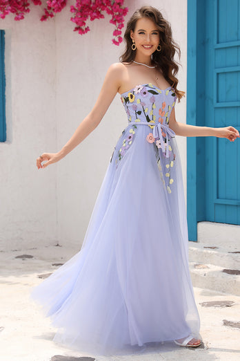 A Line Strapless Lavender Princess Prom Dress with Appliques