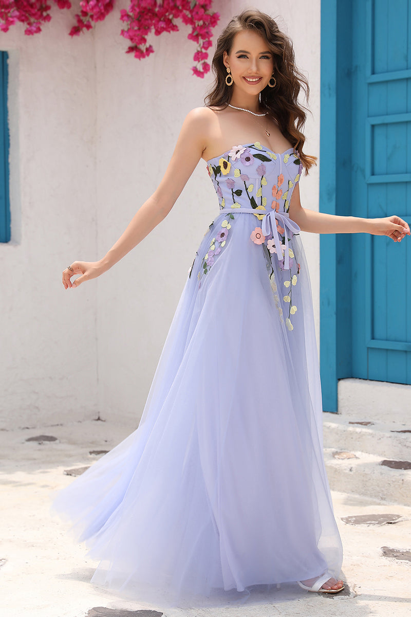 Load image into Gallery viewer, A Line Strapless Lavender Princess Prom Dress with Appliques