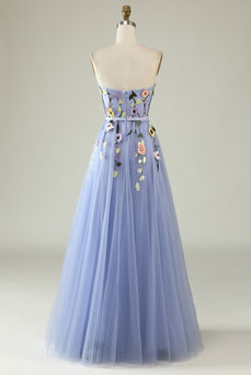 Lavender A Line Strapless Princess Prom Dress with Appliques