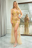 Load image into Gallery viewer, Sparkly Mermaid Golden Spaghetti Straps Sequins Long Prom Dress with Split