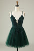 Load image into Gallery viewer, A Line Spaghetti Straps Dark Green Short Prom Dress with Criss Cross Back