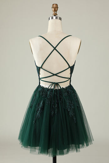 A Line Spaghetti Straps Dark Green Short Prom Dress with Criss Cross Back