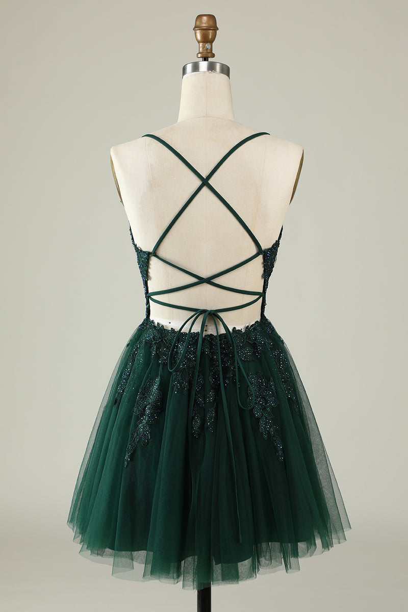 Load image into Gallery viewer, A Line Spaghetti Straps Dark Green Short Prom Dress with Criss Cross Back