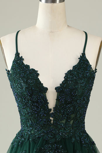 A Line Spaghetti Straps Dark Green Short Prom Dress with Criss Cross Back