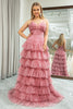 Load image into Gallery viewer, A-Line Spaghetti Straps Pink Print Tiered Long Prom Dress