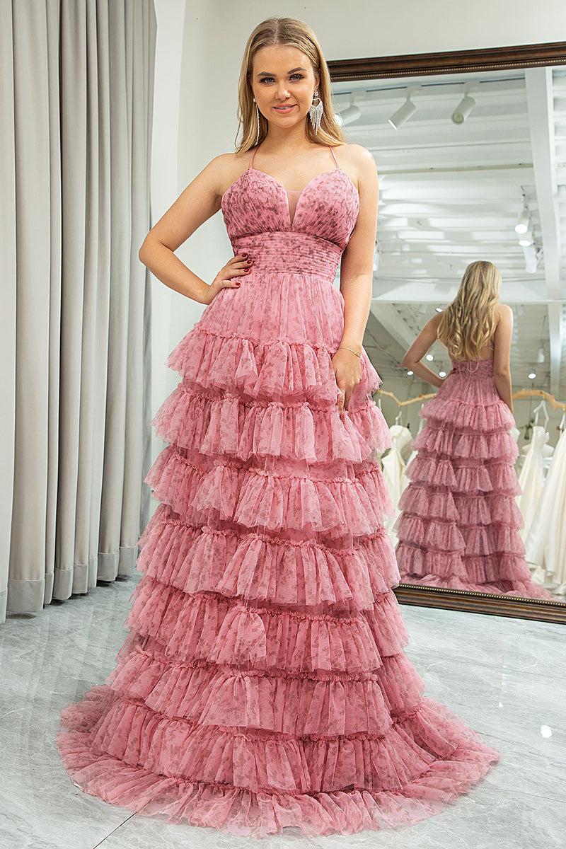 Load image into Gallery viewer, A-Line Spaghetti Straps Pink Print Tiered Long Prom Dress