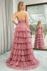 Load image into Gallery viewer, A-Line Spaghetti Straps Pink Print Tiered Long Prom Dress