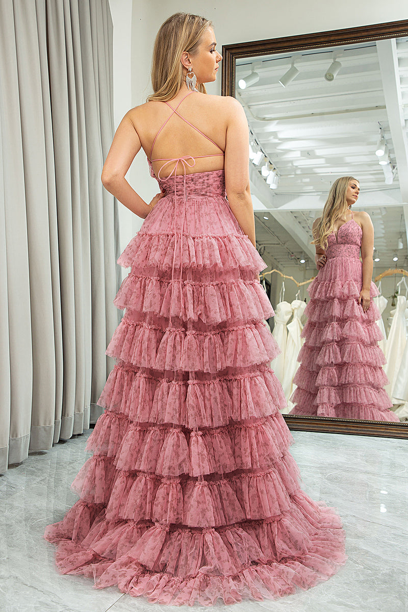 Load image into Gallery viewer, A-Line Spaghetti Straps Pink Print Tiered Long Prom Dress