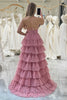 Load image into Gallery viewer, Pink Print A-Line Spaghetti Straps Tiered Long Prom Dress