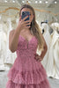 Load image into Gallery viewer, Pink Print A-Line Spaghetti Straps Tiered Long Prom Dress