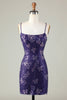 Load image into Gallery viewer, Sparkly Sheath Spaghetti Straps Dark Purple Short Graduation Dress with Criss Cross Back