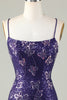 Load image into Gallery viewer, Sparkly Sheath Spaghetti Straps Dark Purple Short Graduation Dress with Criss Cross Back