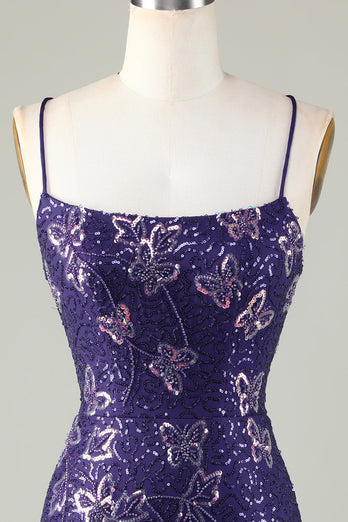 Sparkly Sheath Spaghetti Straps Dark Purple Short Graduation Dress with Criss Cross Back