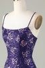 Load image into Gallery viewer, Sparkly Sheath Spaghetti Straps Dark Purple Short Graduation Dress with Criss Cross Back