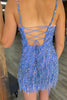 Load image into Gallery viewer, Sparkly Sheath Spaghetti Straps Blue Graduation Dress with Fringes