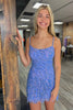 Load image into Gallery viewer, Sparkly Sheath Spaghetti Straps Blue Graduation Dress with Fringes