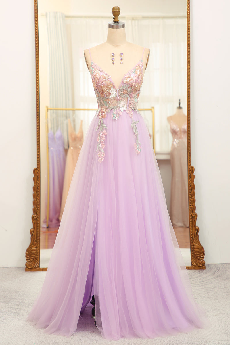 Load image into Gallery viewer, Lilac A Line Spaghetti Straps Long Prom Dress with Appliques