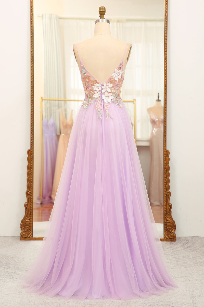 Load image into Gallery viewer, Lilac A Line Spaghetti Straps Long Prom Dress with Appliques