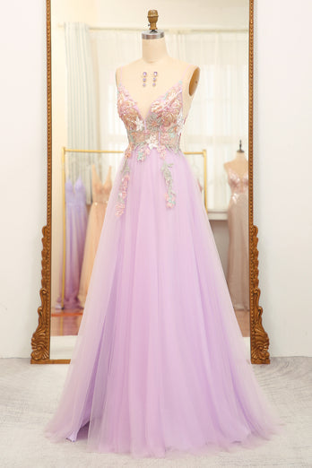 Lilac A Line Spaghetti Straps Long Prom Dress with Appliques