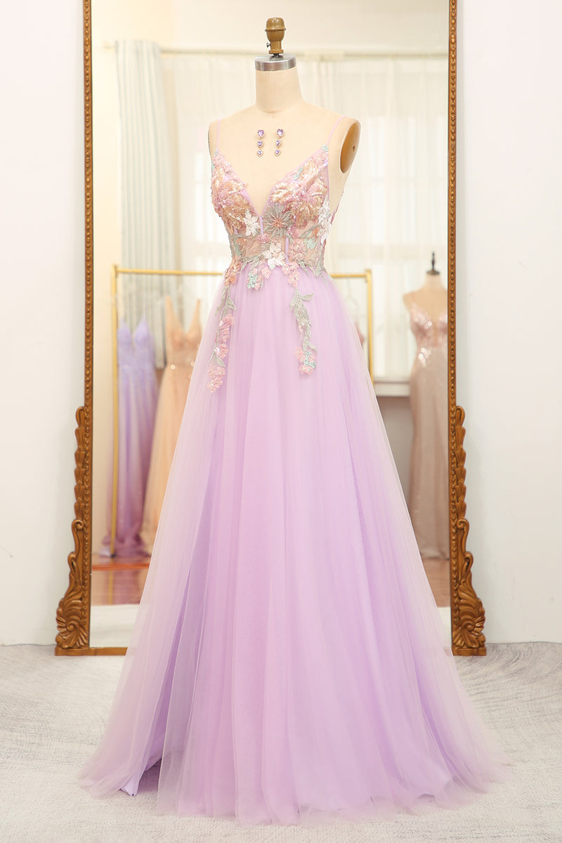 Load image into Gallery viewer, Lilac A Line Spaghetti Straps Long Prom Dress with Appliques