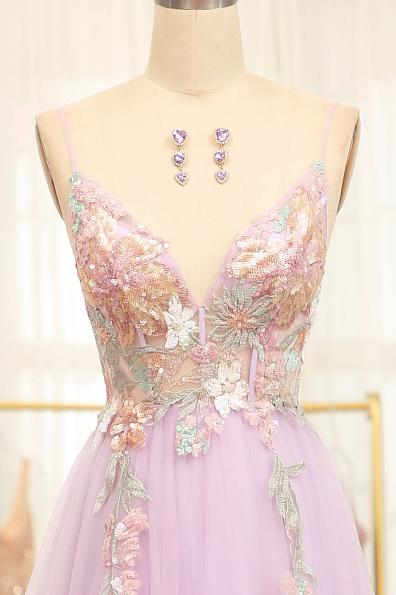 Load image into Gallery viewer, Lilac A Line Spaghetti Straps Long Prom Dress with Appliques