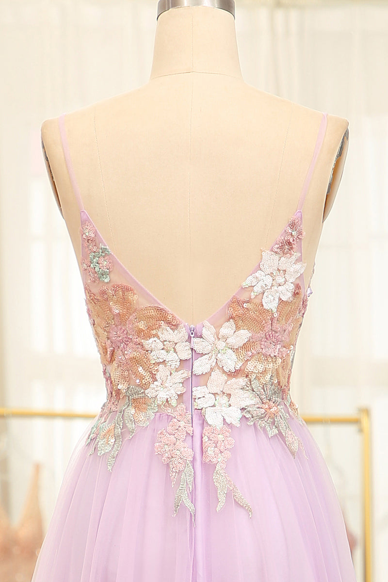 Load image into Gallery viewer, Lilac A Line Spaghetti Straps Long Prom Dress with Appliques